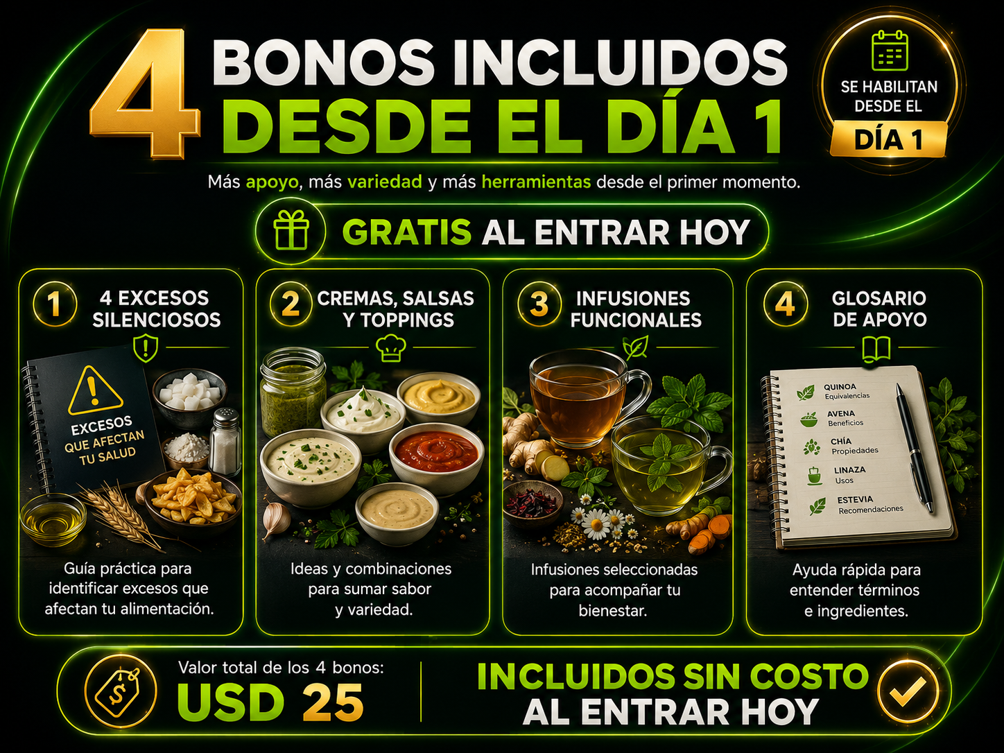 4 bonos incluidos desde el Día 1